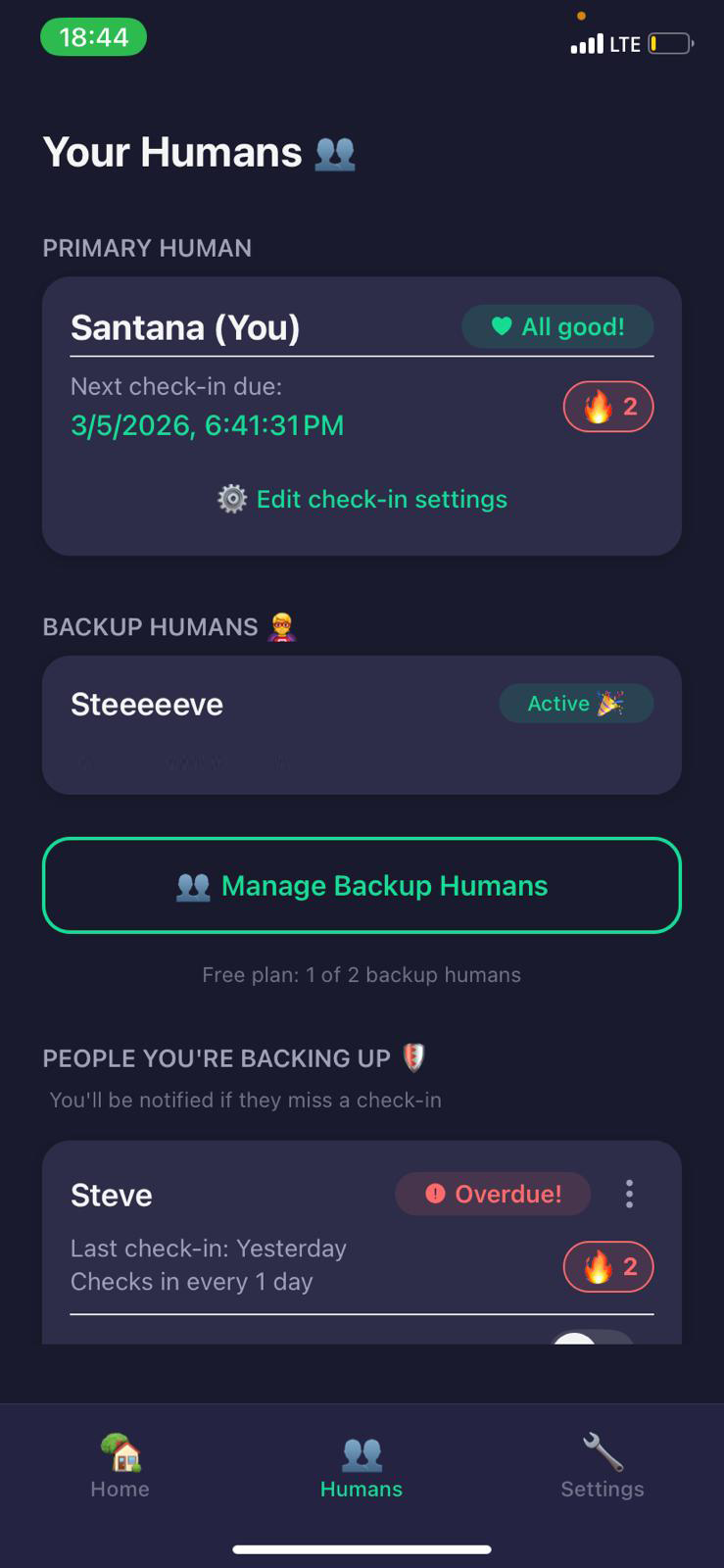 Trusted contacts screen showing everyone's check-in status at a glance