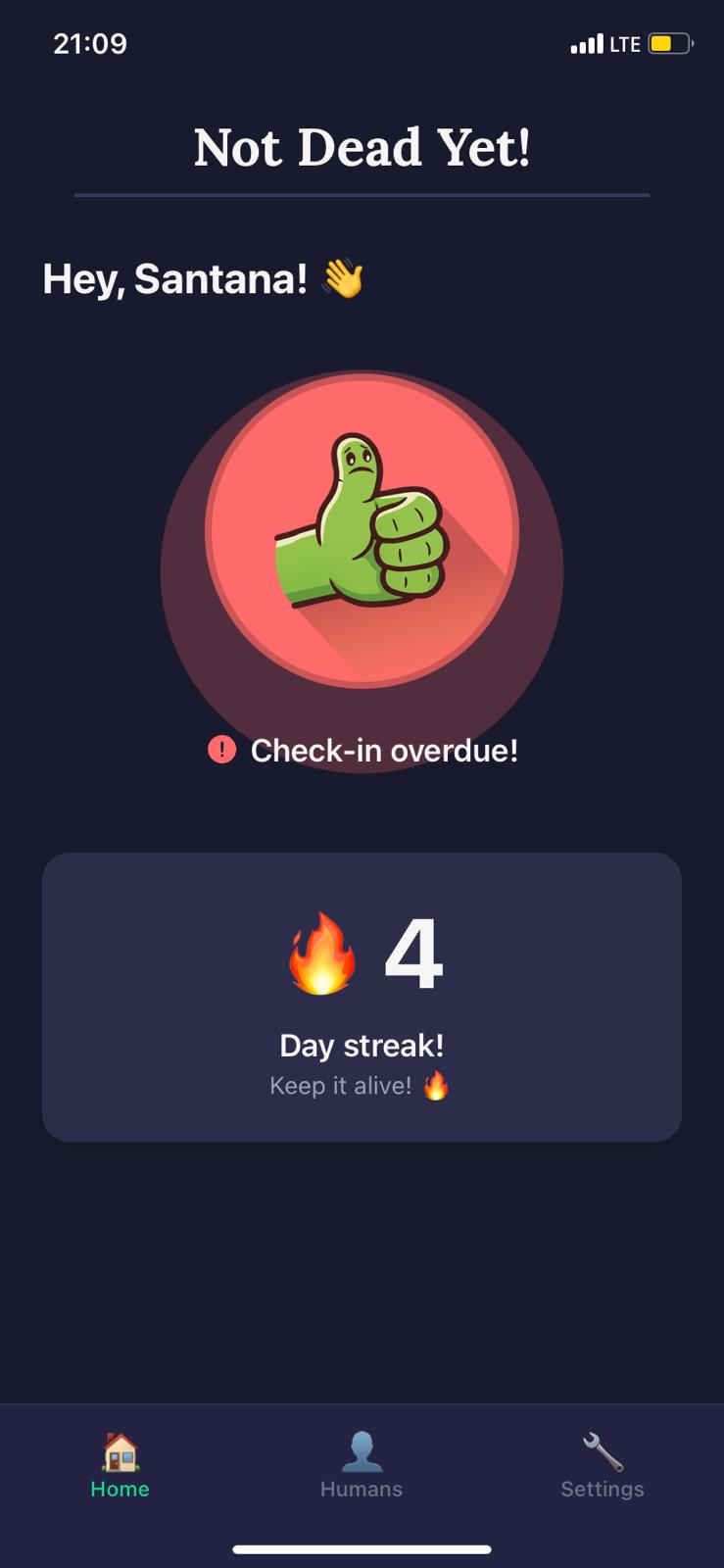 Overdue check-in screen — missed check-in notification view