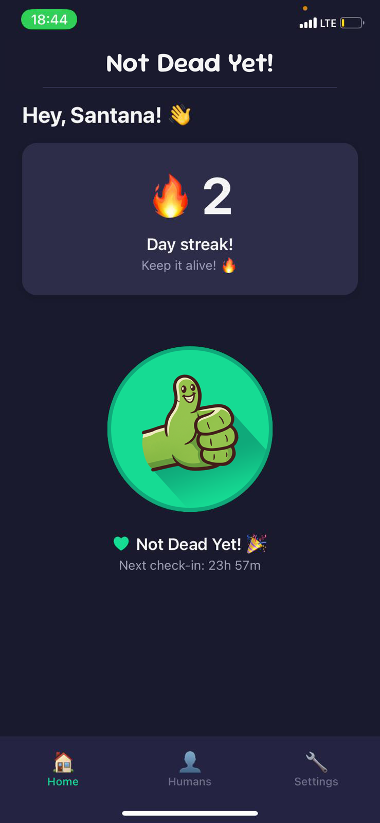Not Dead Yet! home screen with large green check-in button