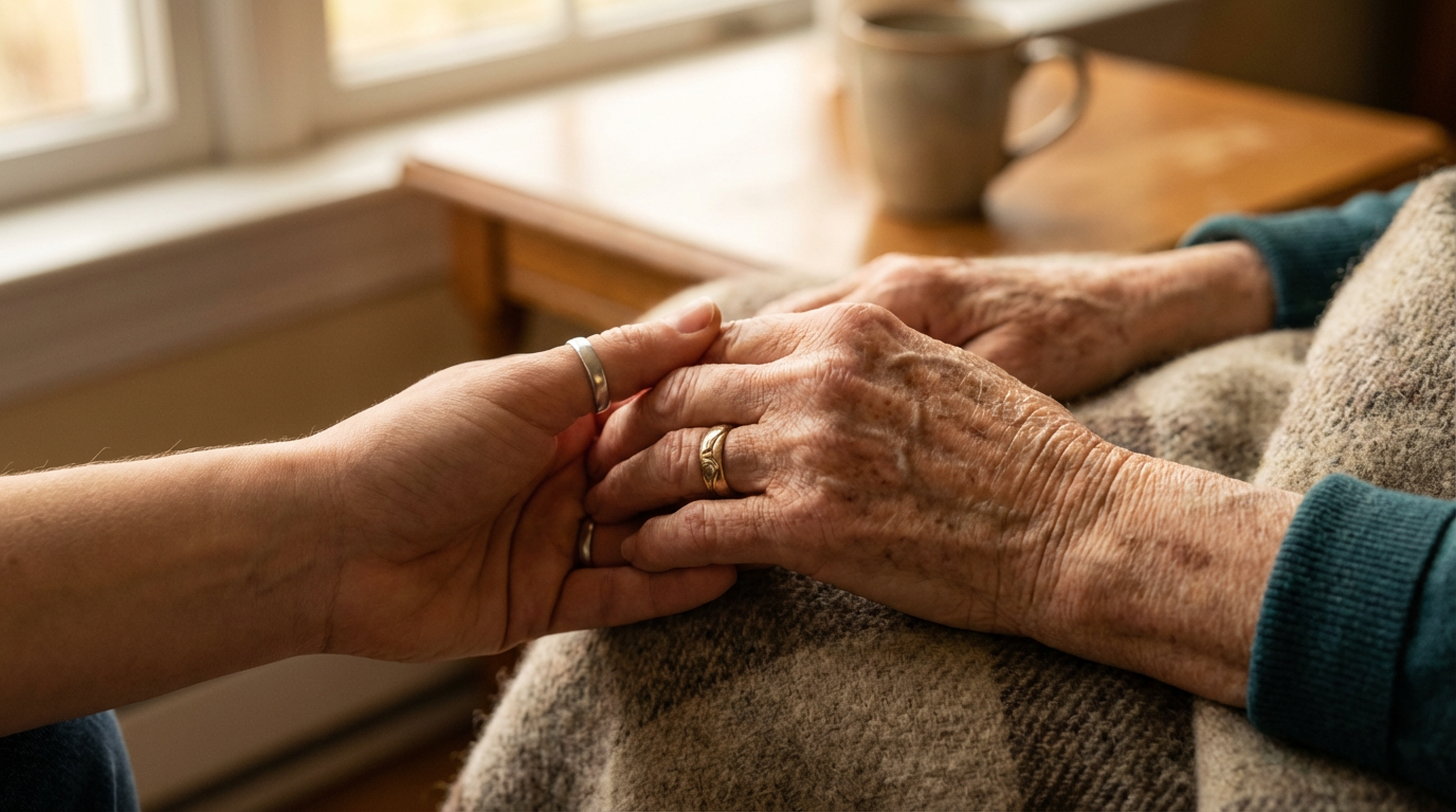 Two hands held gently — connection and care between generations